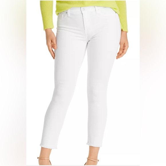 7 For All Mankind - Roxanne Mid Rise Raw Hem Ankle White Skinny Jeans - Picture 1 of 7